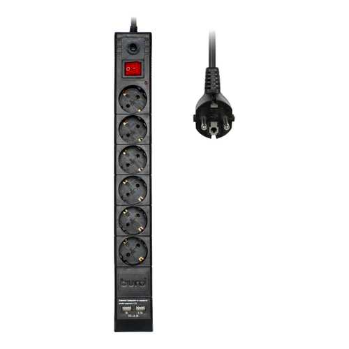 Сетевой фильтр BURO BU-SP3_USB_2A-B, 6 розеток, 3 м, Black в Юлмарт